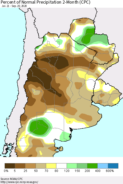 Southern South America Percent of Normal Precipitation 2-Month (CPC) Thematic Map For 7/21/2020 - 9/20/2020