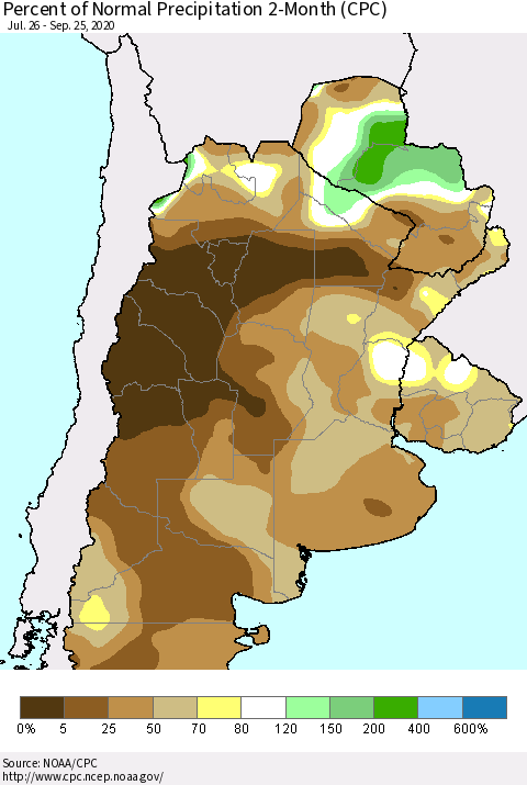 Southern South America Percent of Normal Precipitation 2-Month (CPC) Thematic Map For 7/26/2020 - 9/25/2020