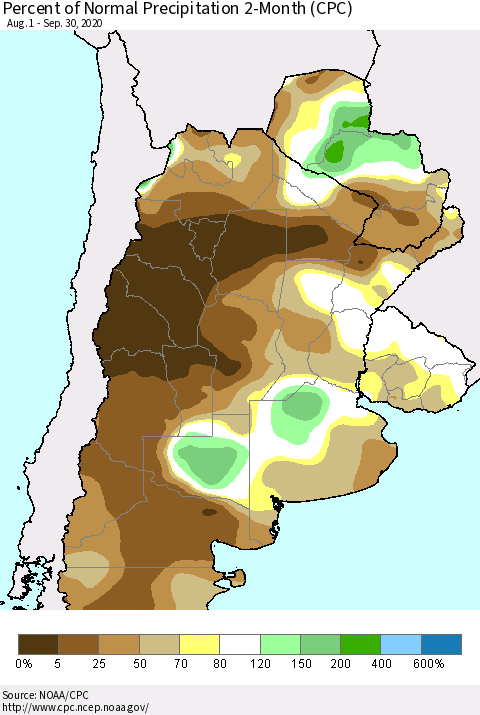 Southern South America Percent of Normal Precipitation 2-Month (CPC) Thematic Map For 8/1/2020 - 9/30/2020