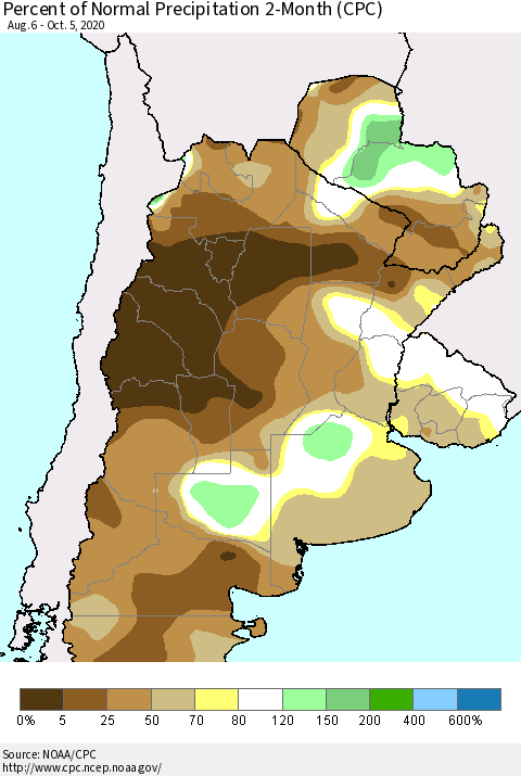 Southern South America Percent of Normal Precipitation 2-Month (CPC) Thematic Map For 8/6/2020 - 10/5/2020