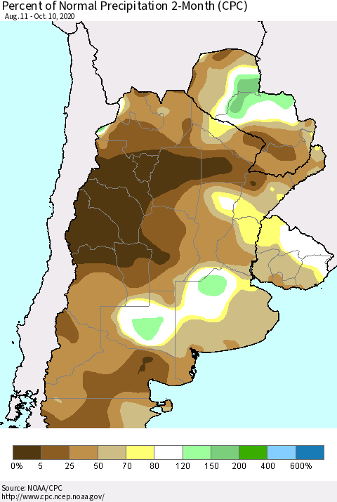 Southern South America Percent of Normal Precipitation 2-Month (CPC) Thematic Map For 8/11/2020 - 10/10/2020