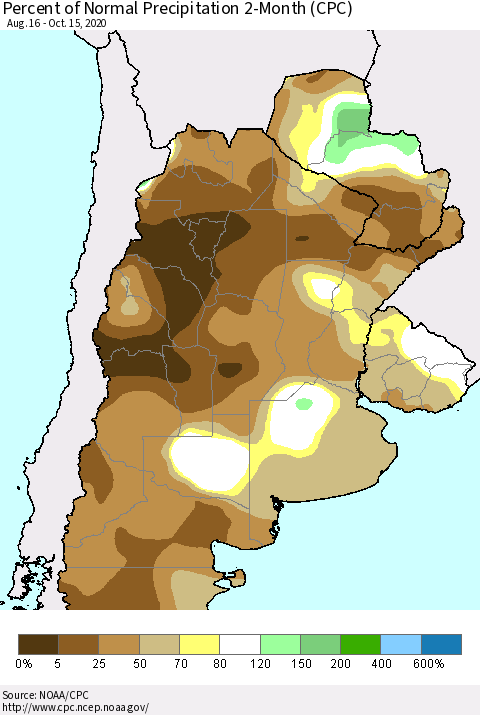 Southern South America Percent of Normal Precipitation 2-Month (CPC) Thematic Map For 8/16/2020 - 10/15/2020