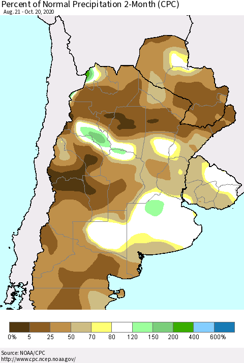 Southern South America Percent of Normal Precipitation 2-Month (CPC) Thematic Map For 8/21/2020 - 10/20/2020