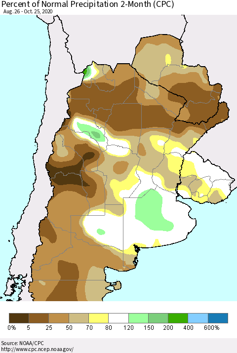 Southern South America Percent of Normal Precipitation 2-Month (CPC) Thematic Map For 8/26/2020 - 10/25/2020