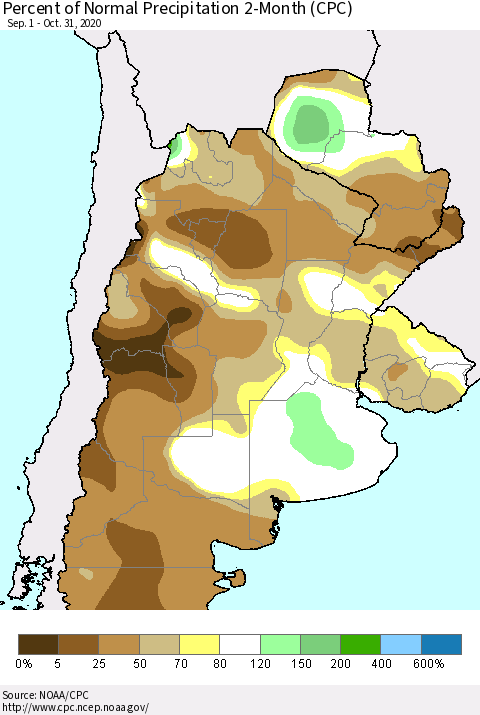 Southern South America Percent of Normal Precipitation 2-Month (CPC) Thematic Map For 9/1/2020 - 10/31/2020