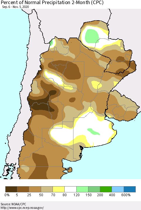 Southern South America Percent of Normal Precipitation 2-Month (CPC) Thematic Map For 9/6/2020 - 11/5/2020
