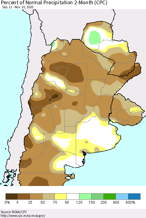 Southern South America Percent of Normal Precipitation 2-Month (CPC) Thematic Map For 9/11/2020 - 11/10/2020
