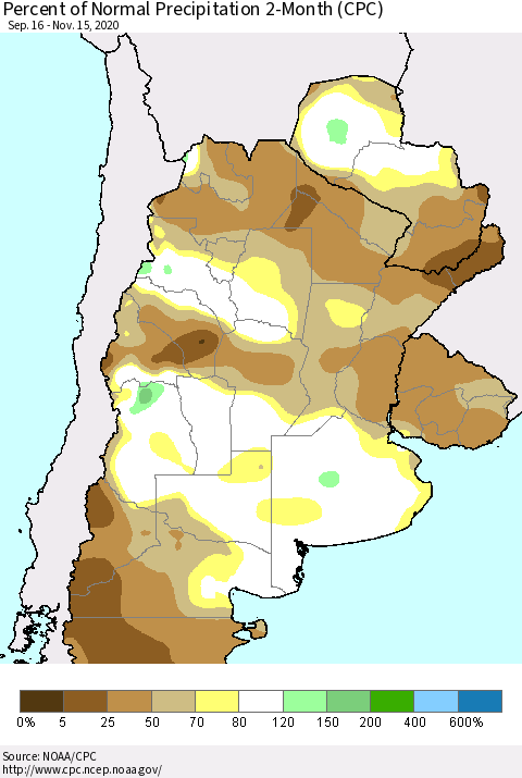 Southern South America Percent of Normal Precipitation 2-Month (CPC) Thematic Map For 9/16/2020 - 11/15/2020