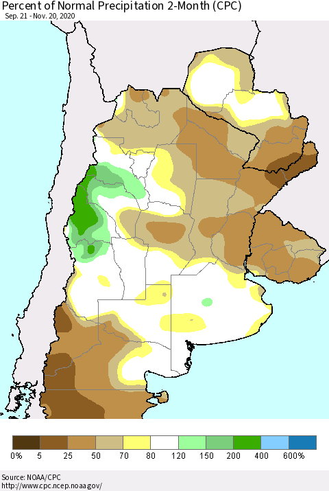 Southern South America Percent of Normal Precipitation 2-Month (CPC) Thematic Map For 9/21/2020 - 11/20/2020