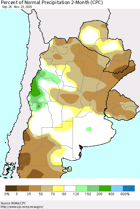 Southern South America Percent of Normal Precipitation 2-Month (CPC) Thematic Map For 9/26/2020 - 11/25/2020