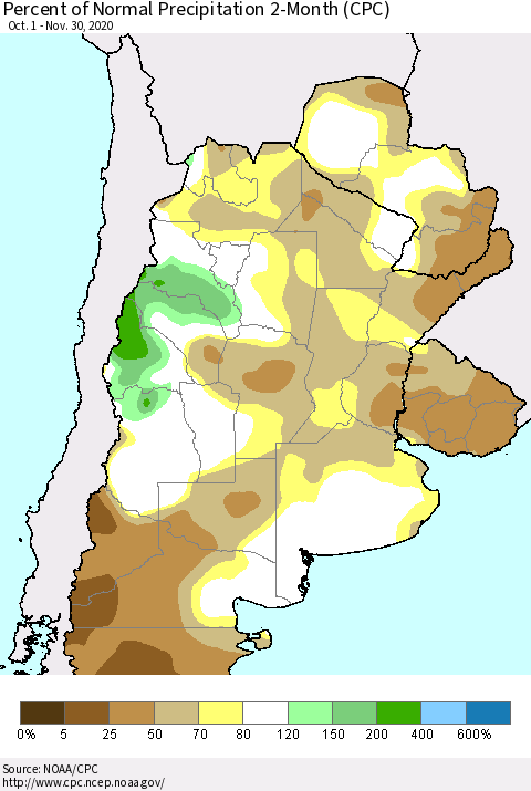 Southern South America Percent of Normal Precipitation 2-Month (CPC) Thematic Map For 10/1/2020 - 11/30/2020
