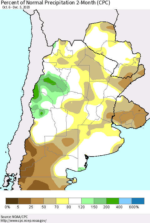 Southern South America Percent of Normal Precipitation 2-Month (CPC) Thematic Map For 10/6/2020 - 12/5/2020