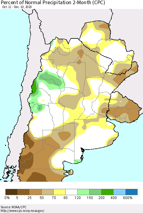 Southern South America Percent of Normal Precipitation 2-Month (CPC) Thematic Map For 10/11/2020 - 12/10/2020