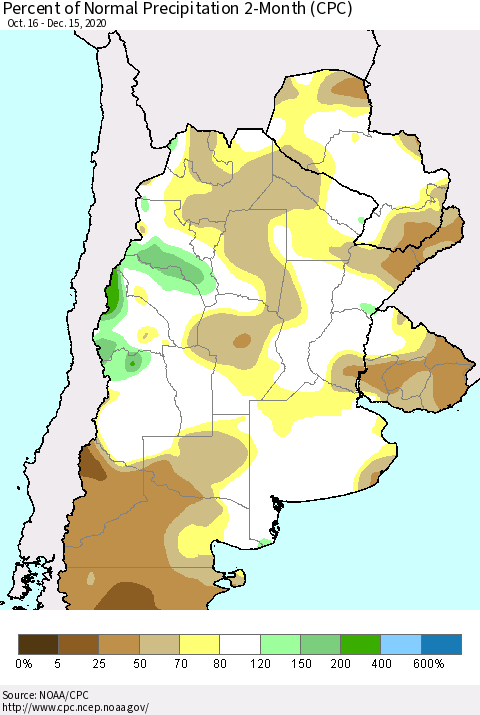 Southern South America Percent of Normal Precipitation 2-Month (CPC) Thematic Map For 10/16/2020 - 12/15/2020
