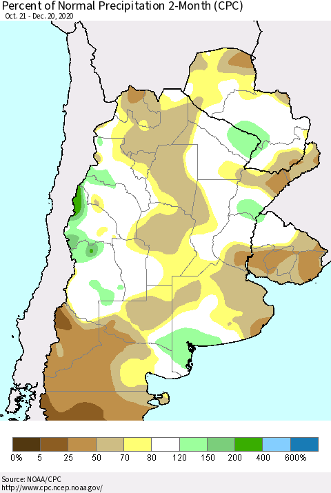 Southern South America Percent of Normal Precipitation 2-Month (CPC) Thematic Map For 10/21/2020 - 12/20/2020