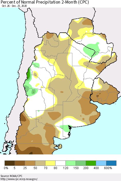 Southern South America Percent of Normal Precipitation 2-Month (CPC) Thematic Map For 10/26/2020 - 12/25/2020