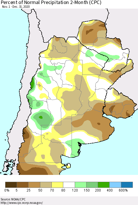 Southern South America Percent of Normal Precipitation 2-Month (CPC) Thematic Map For 11/1/2020 - 12/31/2020