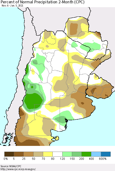 Southern South America Percent of Normal Precipitation 2-Month (CPC) Thematic Map For 11/6/2020 - 1/5/2021