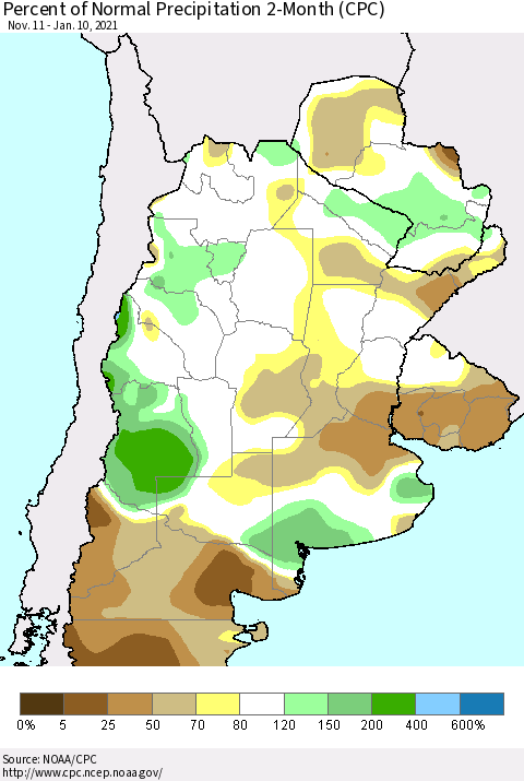Southern South America Percent of Normal Precipitation 2-Month (CPC) Thematic Map For 11/11/2020 - 1/10/2021