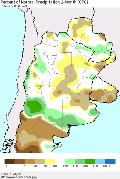 Southern South America Percent of Normal Precipitation 2-Month (CPC) Thematic Map For 11/16/2020 - 1/15/2021