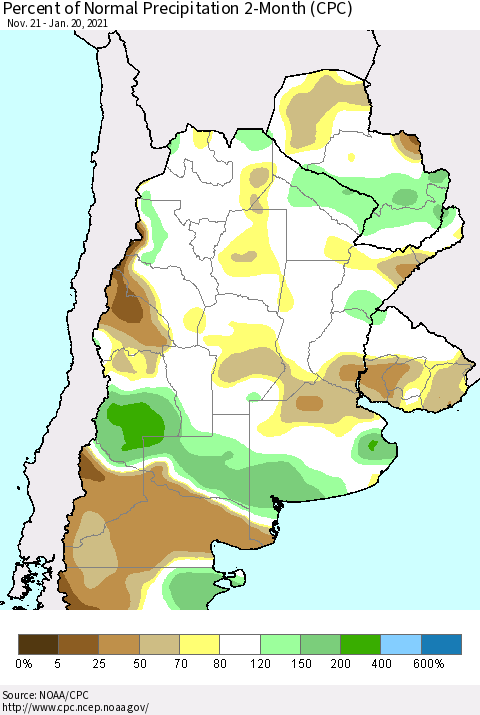 Southern South America Percent of Normal Precipitation 2-Month (CPC) Thematic Map For 11/21/2020 - 1/20/2021