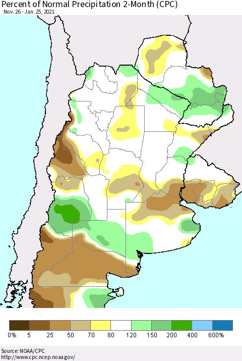 Southern South America Percent of Normal Precipitation 2-Month (CPC) Thematic Map For 11/26/2020 - 1/25/2021