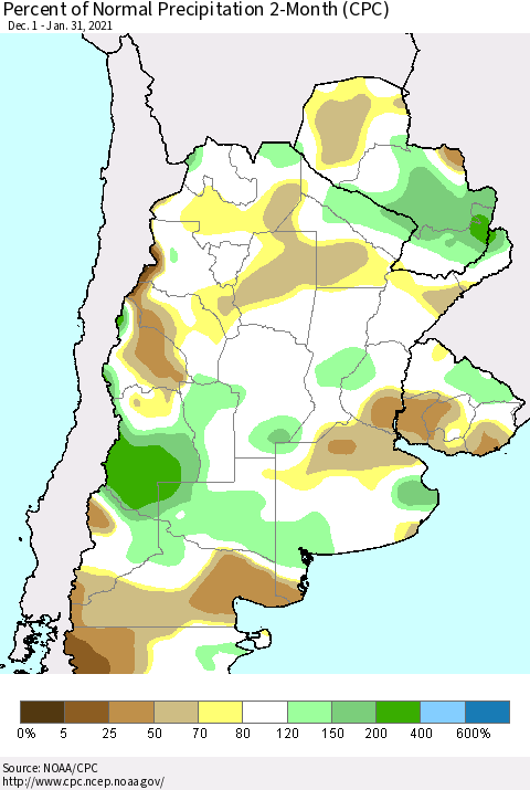 Southern South America Percent of Normal Precipitation 2-Month (CPC) Thematic Map For 12/1/2020 - 1/31/2021