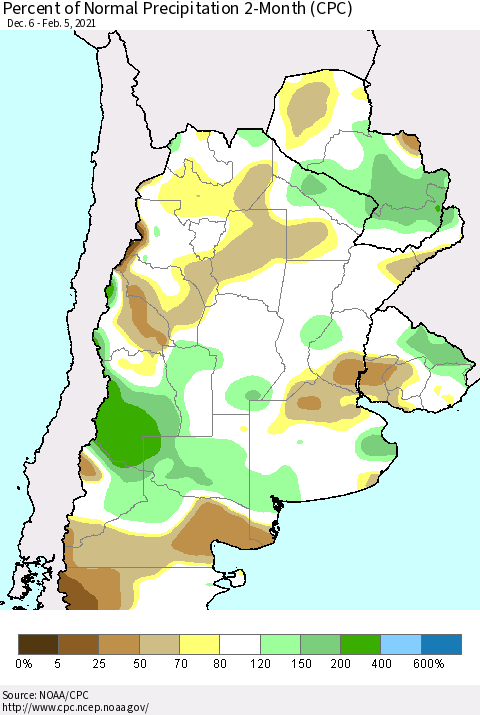 Southern South America Percent of Normal Precipitation 2-Month (CPC) Thematic Map For 12/6/2020 - 2/5/2021