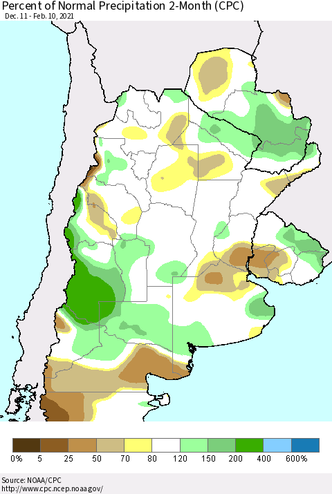 Southern South America Percent of Normal Precipitation 2-Month (CPC) Thematic Map For 12/11/2020 - 2/10/2021