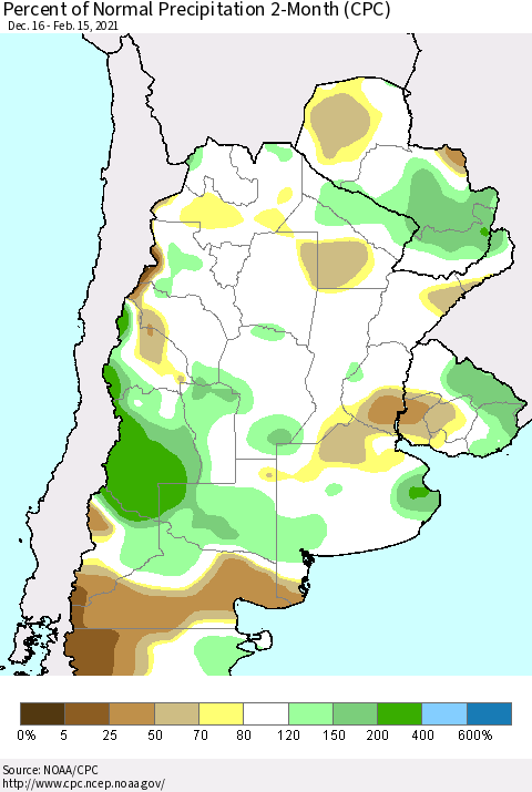 Southern South America Percent of Normal Precipitation 2-Month (CPC) Thematic Map For 12/16/2020 - 2/15/2021