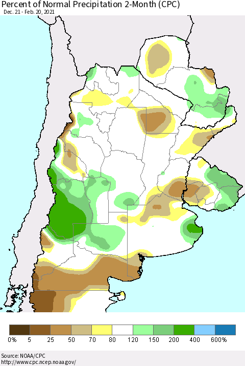 Southern South America Percent of Normal Precipitation 2-Month (CPC) Thematic Map For 12/21/2020 - 2/20/2021