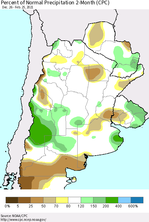 Southern South America Percent of Normal Precipitation 2-Month (CPC) Thematic Map For 12/26/2020 - 2/25/2021
