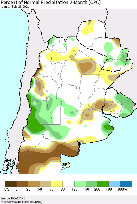 Southern South America Percent of Normal Precipitation 2-Month (CPC) Thematic Map For 1/1/2021 - 2/28/2021