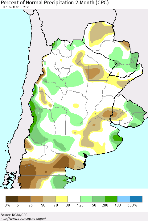 Southern South America Percent of Normal Precipitation 2-Month (CPC) Thematic Map For 1/6/2021 - 3/5/2021