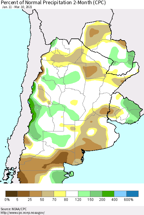 Southern South America Percent of Normal Precipitation 2-Month (CPC) Thematic Map For 1/11/2021 - 3/10/2021