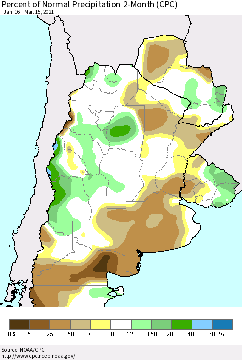 Southern South America Percent of Normal Precipitation 2-Month (CPC) Thematic Map For 1/16/2021 - 3/15/2021