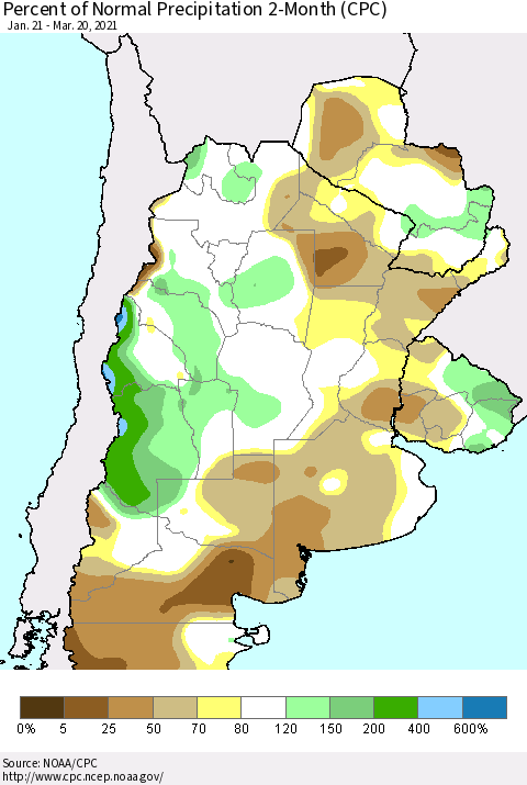 Southern South America Percent of Normal Precipitation 2-Month (CPC) Thematic Map For 1/21/2021 - 3/20/2021