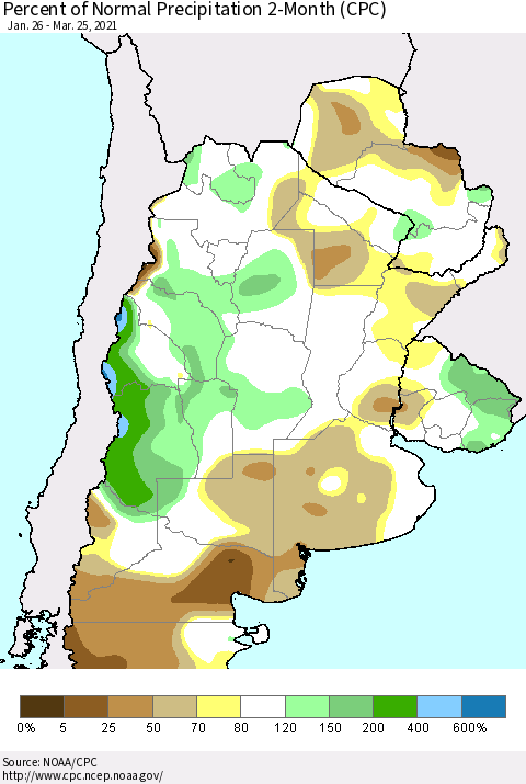 Southern South America Percent of Normal Precipitation 2-Month (CPC) Thematic Map For 1/26/2021 - 3/25/2021