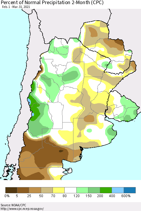 Southern South America Percent of Normal Precipitation 2-Month (CPC) Thematic Map For 2/1/2021 - 3/31/2021