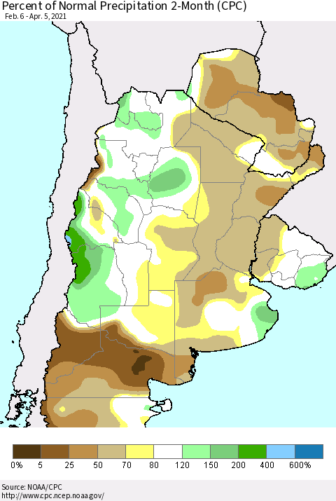 Southern South America Percent of Normal Precipitation 2-Month (CPC) Thematic Map For 2/6/2021 - 4/5/2021