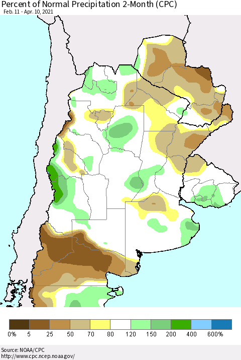 Southern South America Percent of Normal Precipitation 2-Month (CPC) Thematic Map For 2/11/2021 - 4/10/2021