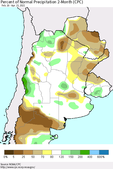 Southern South America Percent of Normal Precipitation 2-Month (CPC) Thematic Map For 2/16/2021 - 4/15/2021