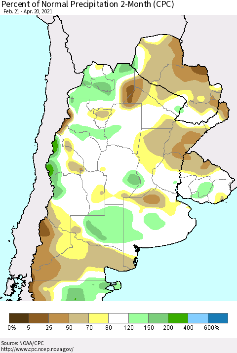 Southern South America Percent of Normal Precipitation 2-Month (CPC) Thematic Map For 2/21/2021 - 4/20/2021