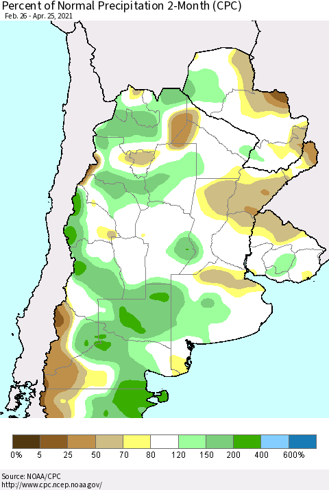 Southern South America Percent of Normal Precipitation 2-Month (CPC) Thematic Map For 2/26/2021 - 4/25/2021