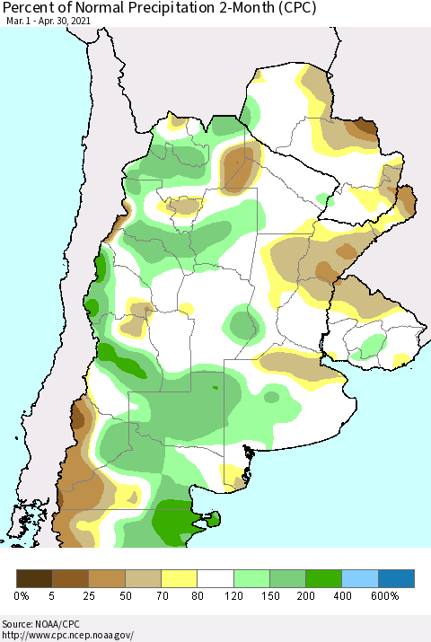 Southern South America Percent of Normal Precipitation 2-Month (CPC) Thematic Map For 3/1/2021 - 4/30/2021