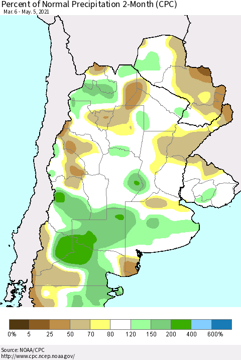 Southern South America Percent of Normal Precipitation 2-Month (CPC) Thematic Map For 3/6/2021 - 5/5/2021