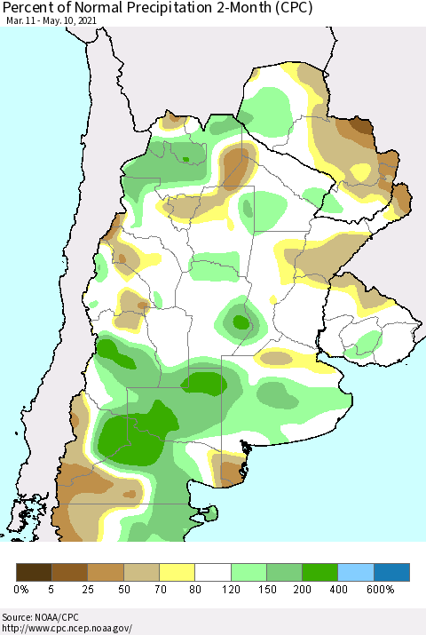 Southern South America Percent of Normal Precipitation 2-Month (CPC) Thematic Map For 3/11/2021 - 5/10/2021