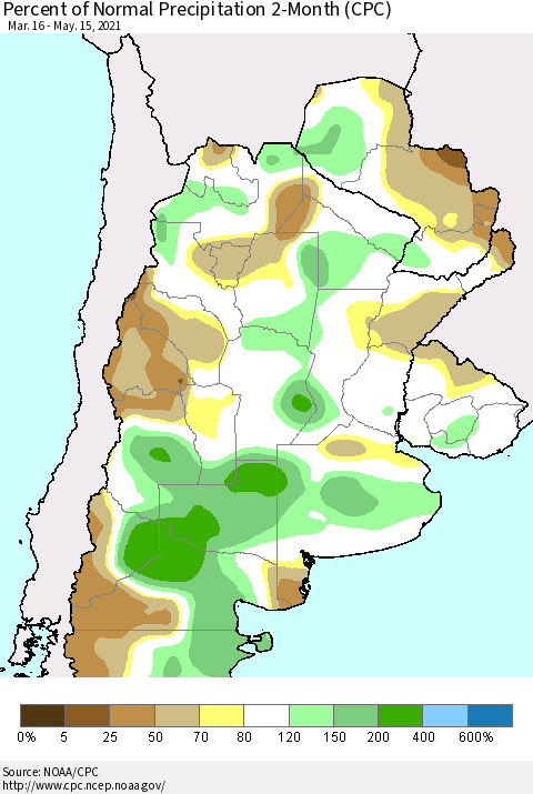 Southern South America Percent of Normal Precipitation 2-Month (CPC) Thematic Map For 3/16/2021 - 5/15/2021