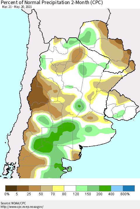 Southern South America Percent of Normal Precipitation 2-Month (CPC) Thematic Map For 3/21/2021 - 5/20/2021