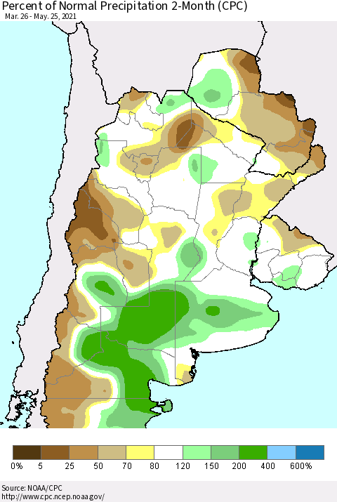 Southern South America Percent of Normal Precipitation 2-Month (CPC) Thematic Map For 3/26/2021 - 5/25/2021